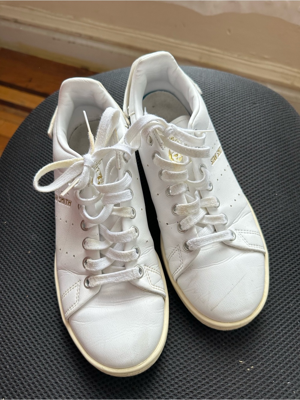 adidas Women's White Lace-Up Stan Smith Sneakers with Gold Accent
